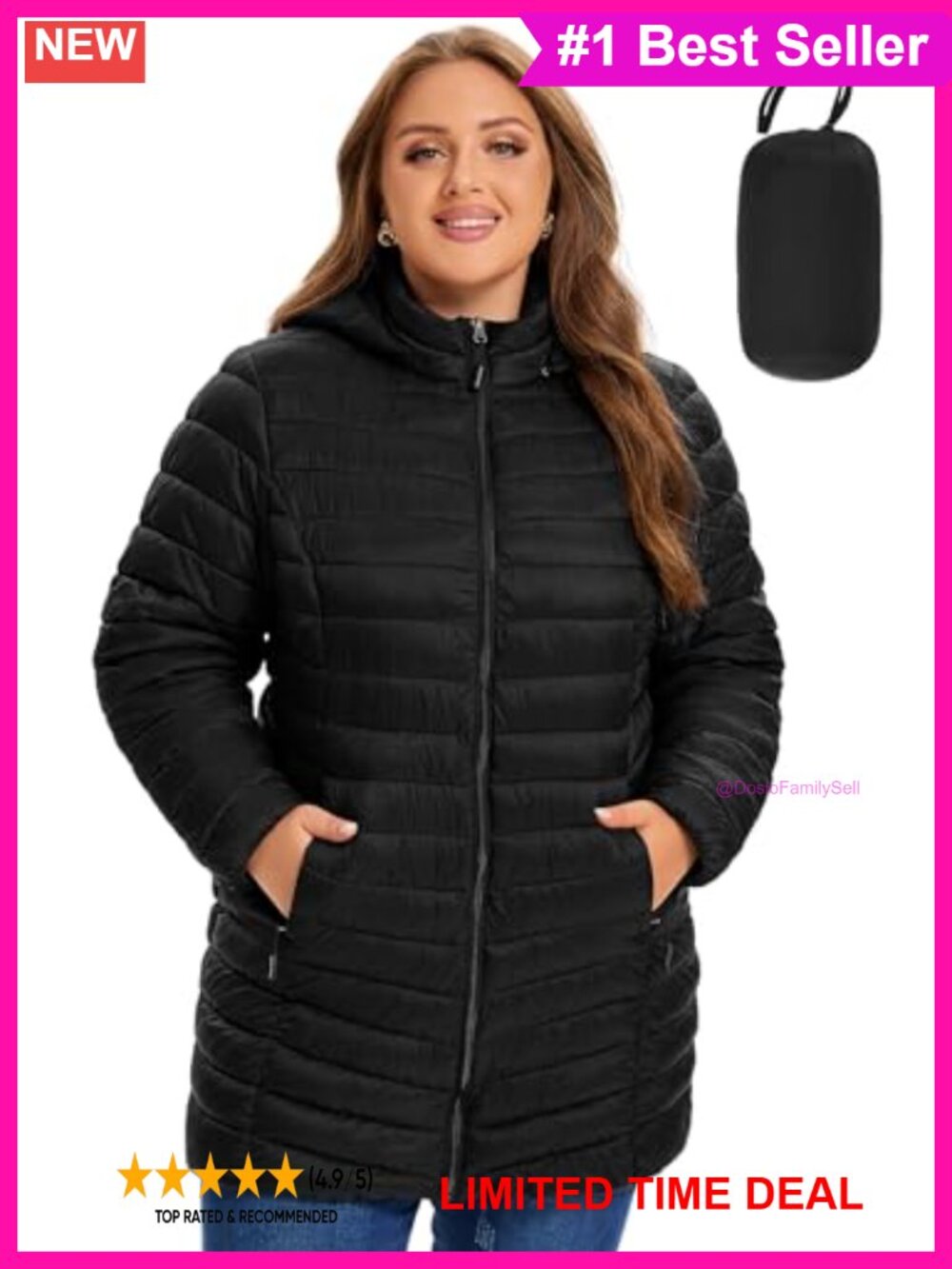 Plus Size Lightweight Packable Puffer Jacket Quilted Detachable Hood